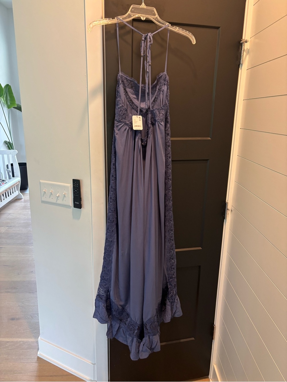 Free People Kiss Me Later Maxi Slip Dress Large Denim Wash Blue Navy Lace NWT - Picture 6 of 9